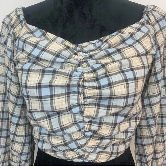 Zara Women's M Blue Cream Plaid Ruched Chic Cottagecore 3/4 Sleeve Blouse - Picture 4 of 10